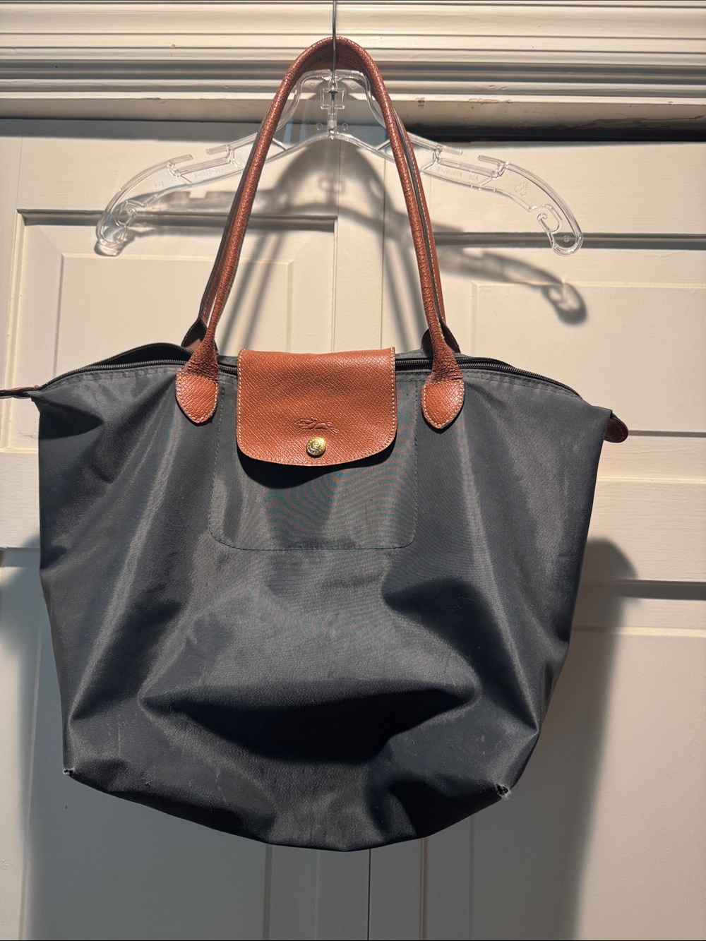 Longchamp Classic gray Tote with Brown Leather Trim